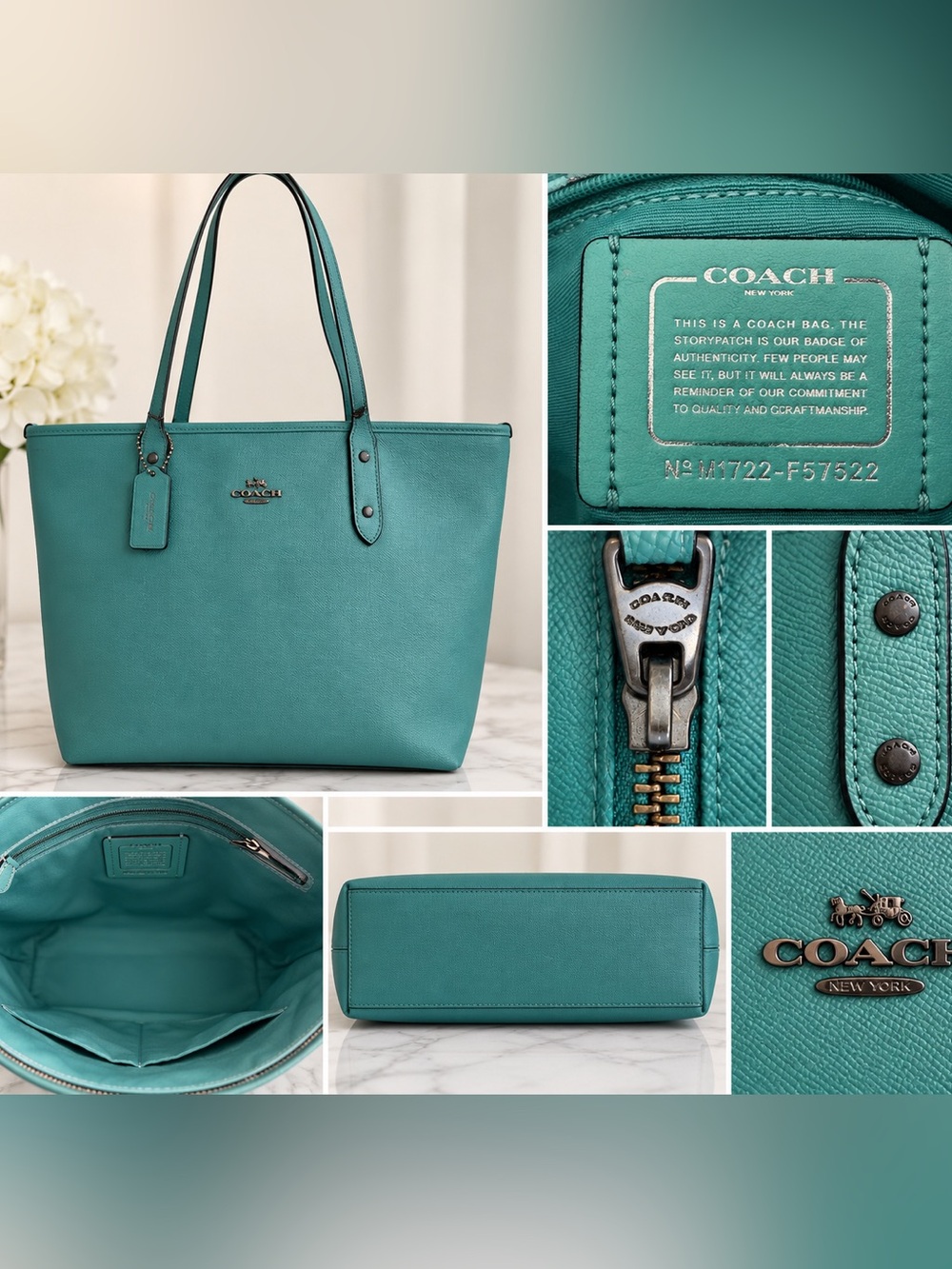 Coach F57522 Turquoise Teal Saffiano Leather Zip Top Tote Shoulder Bag